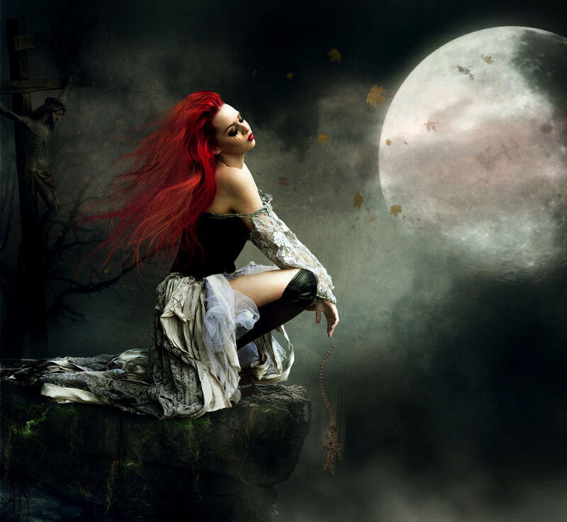 Woman with Red Hair — Dramatic, Night, Digital Art, Moon, Crucifix