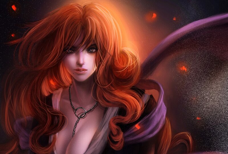 Woman with Red Hair — Dramatic, Night, Digital Art, Necklace, Fabric