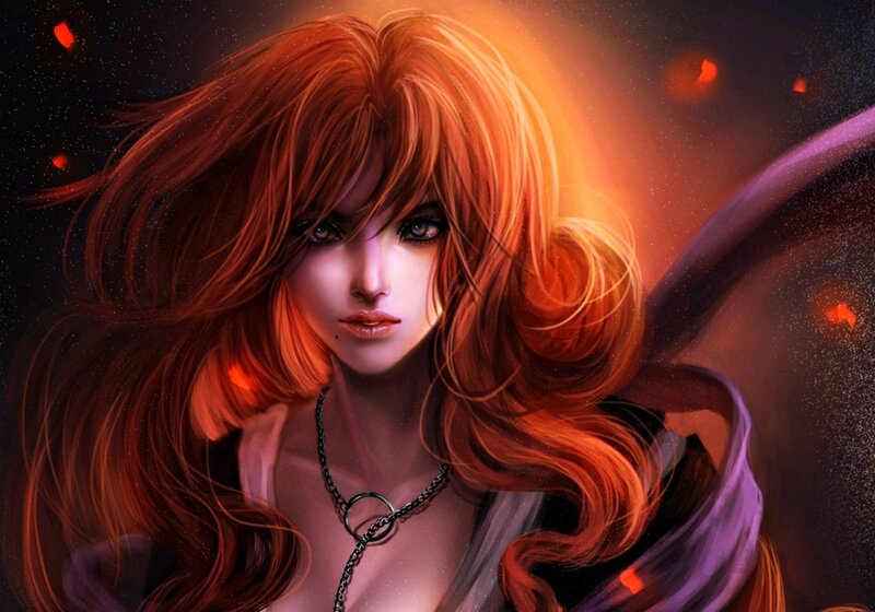 Woman with Red Hair — Dramatic, Night, Digital Art, Necklace