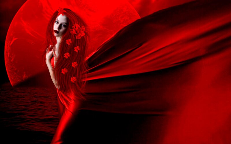 Woman with Red Hair — Dramatic, Night, Digital Art, Red Flowers
