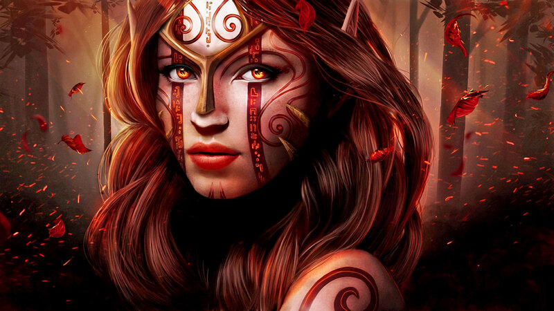 Woman with Red Hair — Dramatic, Night, Digital Art, Red Leaves