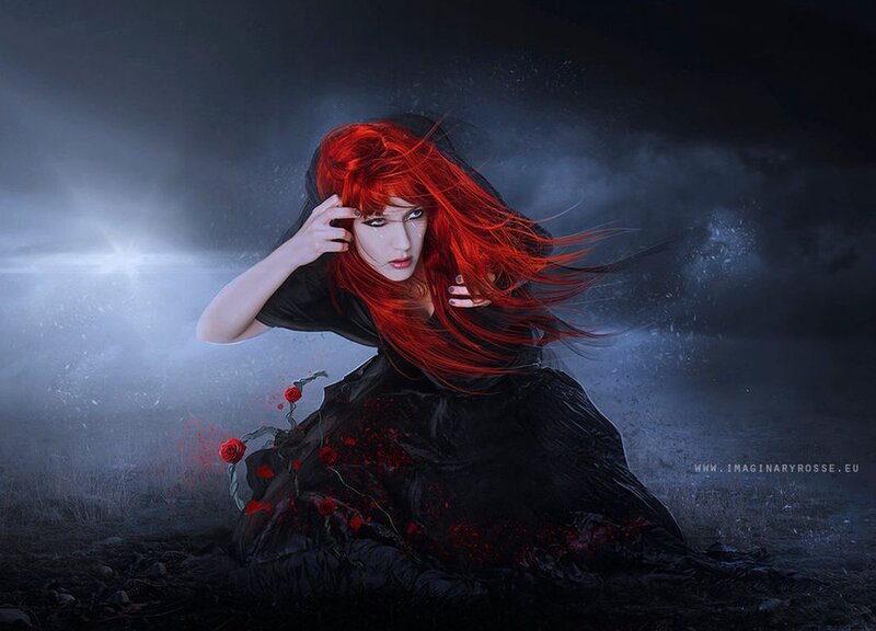 Woman with Red Hair — Dramatic, Night, Digital Art, Red Roses