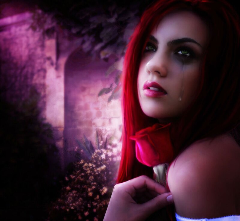 Woman with Red Hair — Dramatic, Night, Digital Art, Rose, Tear