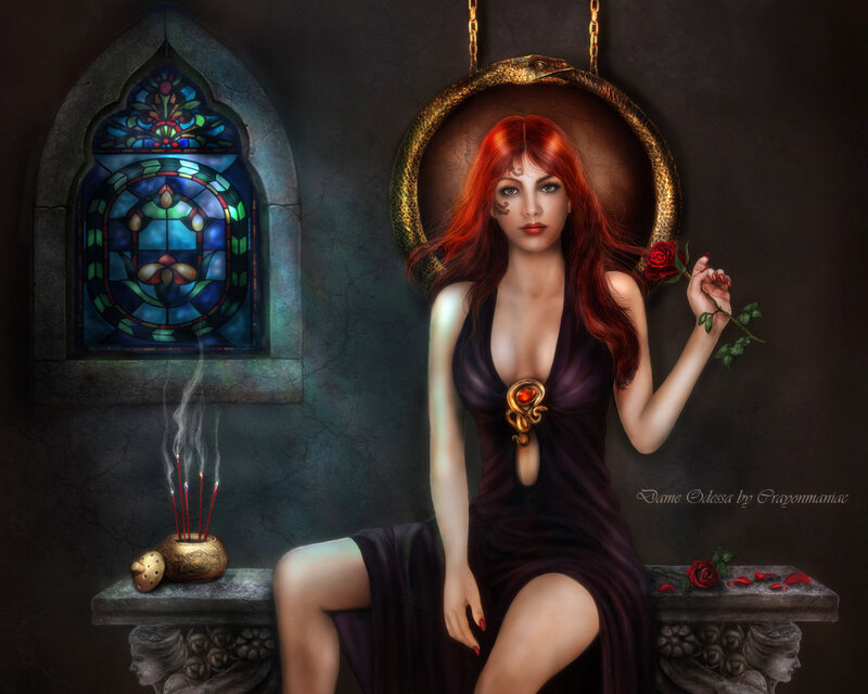 Woman with Red Hair — Dramatic, Night, Digital Art, Stained Glass Window