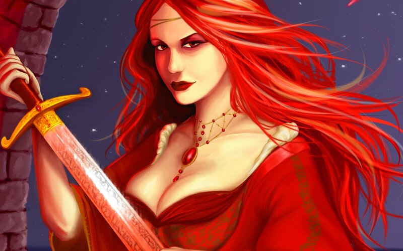 Woman with Red Hair — Dramatic, Night, Digital Art, Sword, Castle Wall