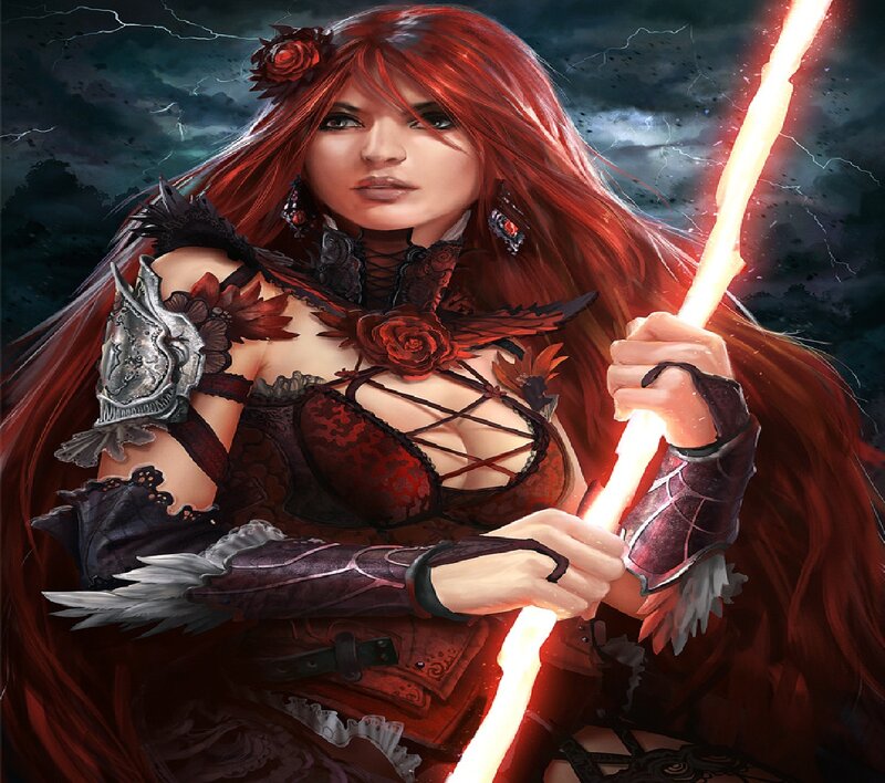 Woman with Red Hair — Dramatic, Night, Digital Art, Sword, Stormy Sky