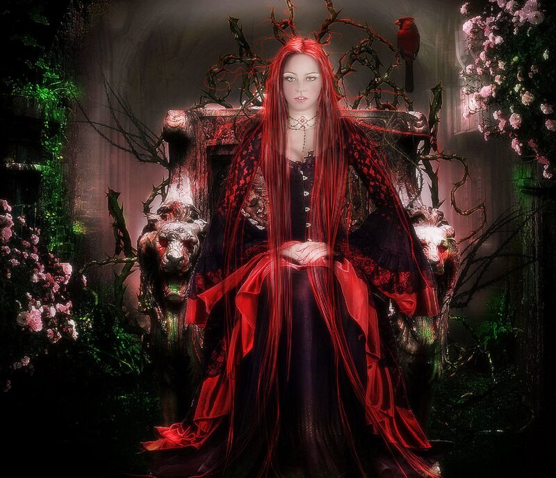 Woman with Red Hair — Dramatic, Night, Digital Art, Thorny Branches
