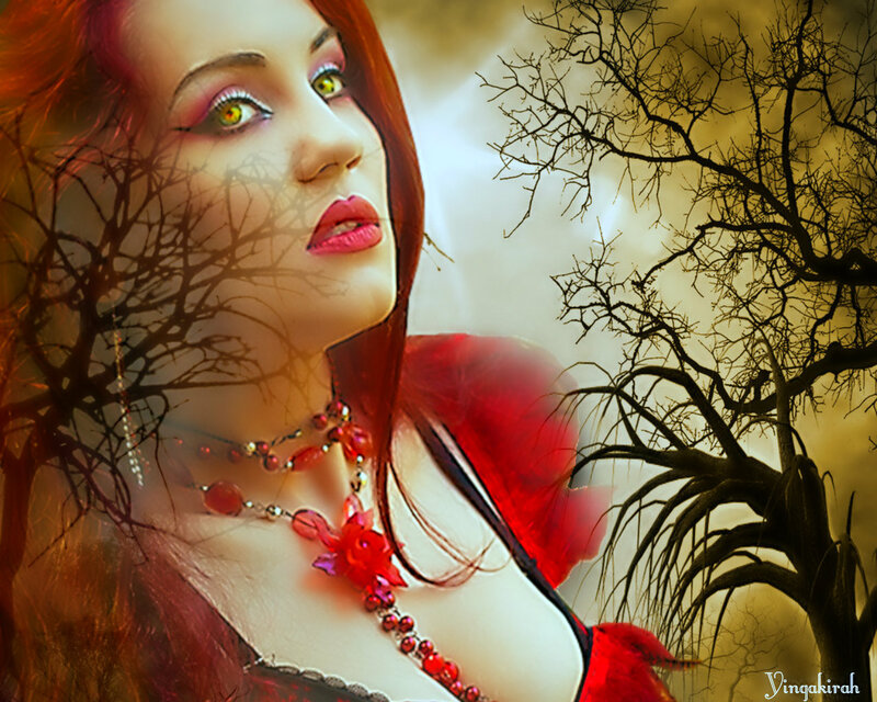 Woman with Red Hair — Dramatic, Night, Digital Art, Tree, Necklace
