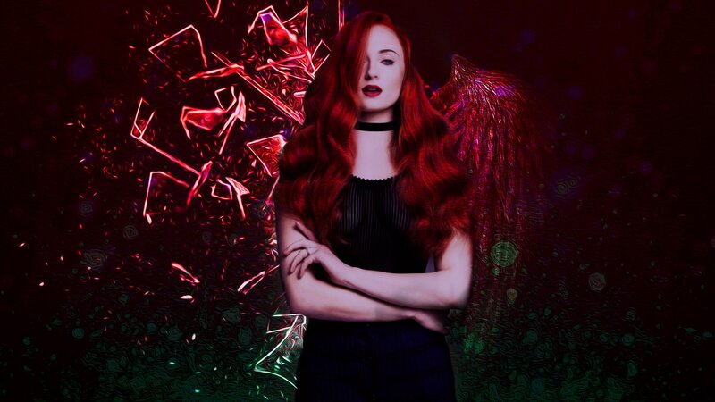 Woman with Red Hair — Dramatic, Night, Digital Art, Wings, Choker