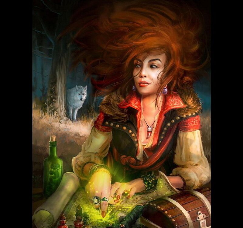 Woman with Red Hair — Dramatic, Night, Digital Art, Wolf