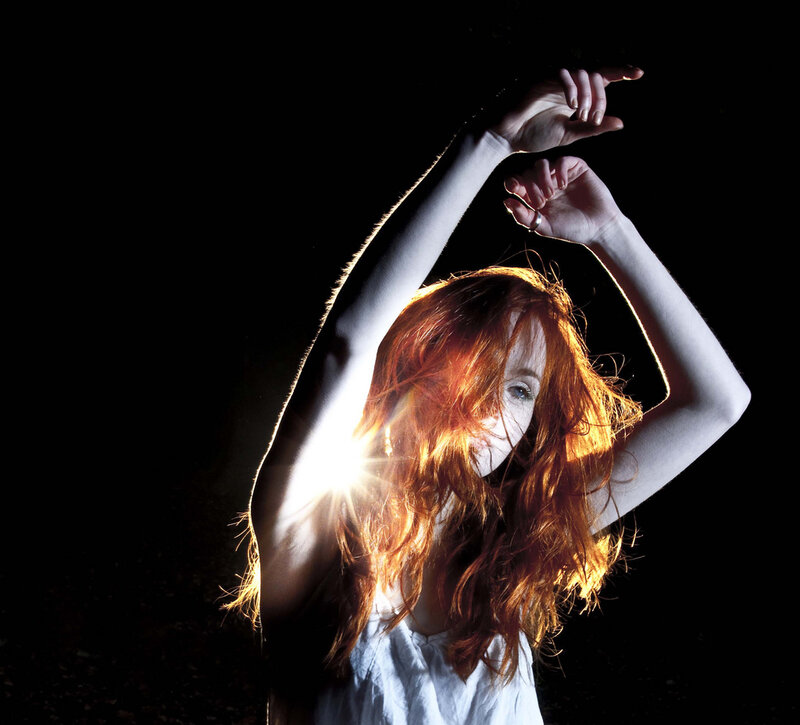 Woman with Red Hair — Dramatic, Night, Photograph, Arms Raised