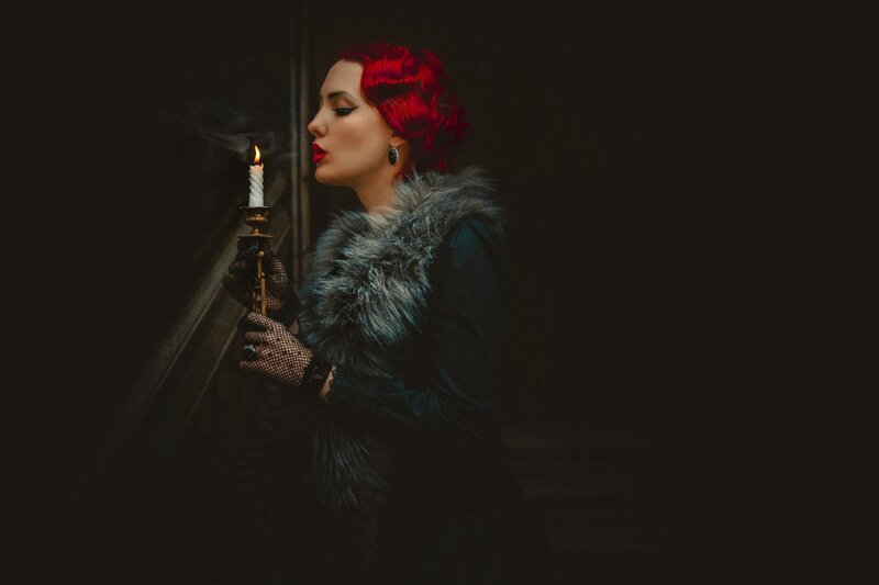Woman with Red Hair — Dramatic, Night, Photograph, Candle