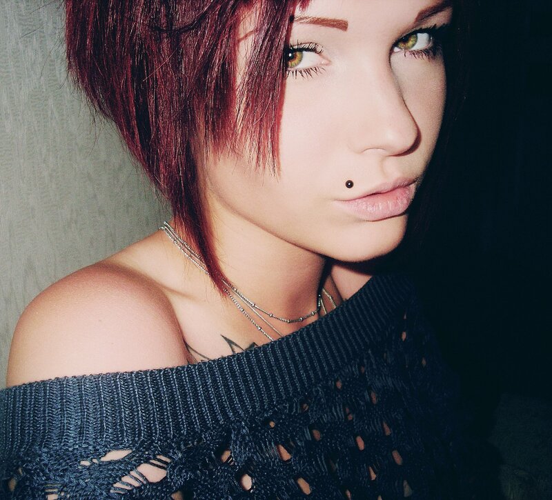 Woman with Red Hair — Dramatic, Night, Photograph, Necklace, Piercing