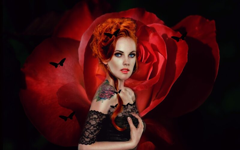 Woman with Red Hair — Dramatic, Night, Photograph, Rose