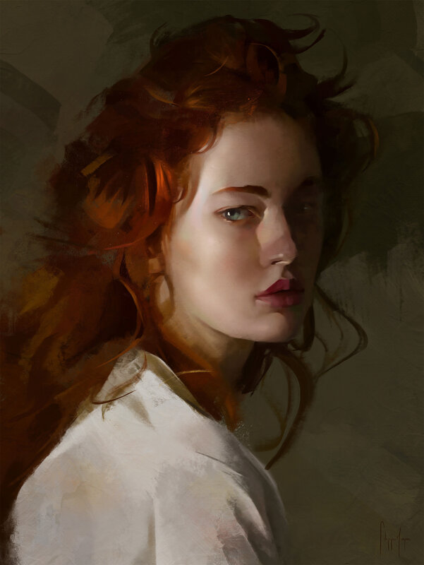 Woman with Red Hair — Dramatic, Painting, White Shirt