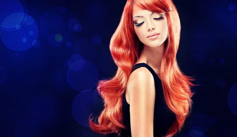 Woman with Red Hair — Dramatic, Photograph, Black Top, Blue Background