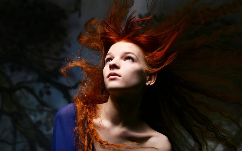 Woman with Red Hair — Dramatic, Photograph, Blue Garment