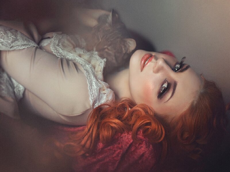 Woman with Red Hair — Dramatic, Photograph, Cat, Lace
