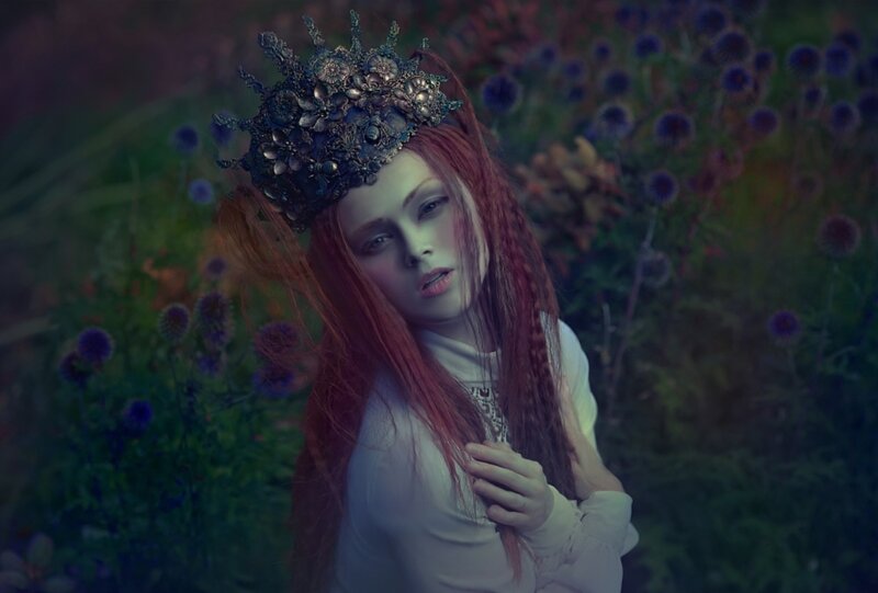Woman with Red Hair — Dramatic, Photograph, Crown, Flowers