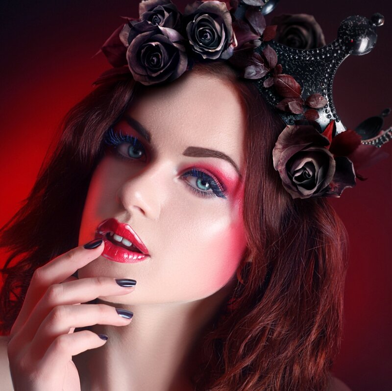 Woman with Red Hair — Dramatic, Photograph, Crown, Roses