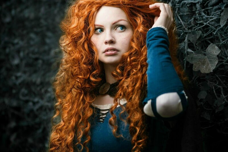 Woman with Red Hair — Dramatic, Photograph, Curly Hair, Blue Dress