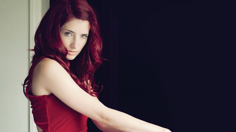 Woman with Red Hair — Dramatic, Photograph, Dress, Wall, Black, White