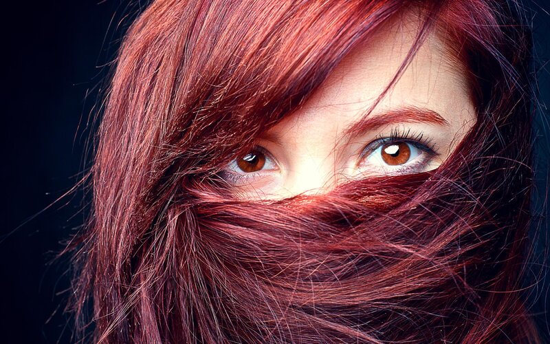 Woman with Red Hair — Dramatic, Photograph, Eyes, Brown, Black