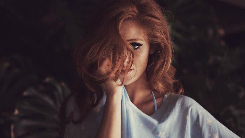 Woman with Red Hair — Dramatic, Photograph, Eyes, Shirt, Blue