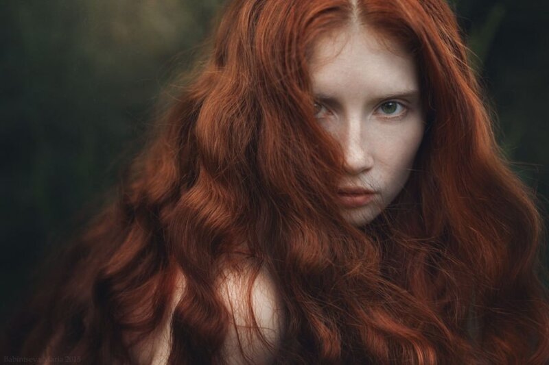 Woman with Red Hair — Dramatic, Photograph, Face, Forest