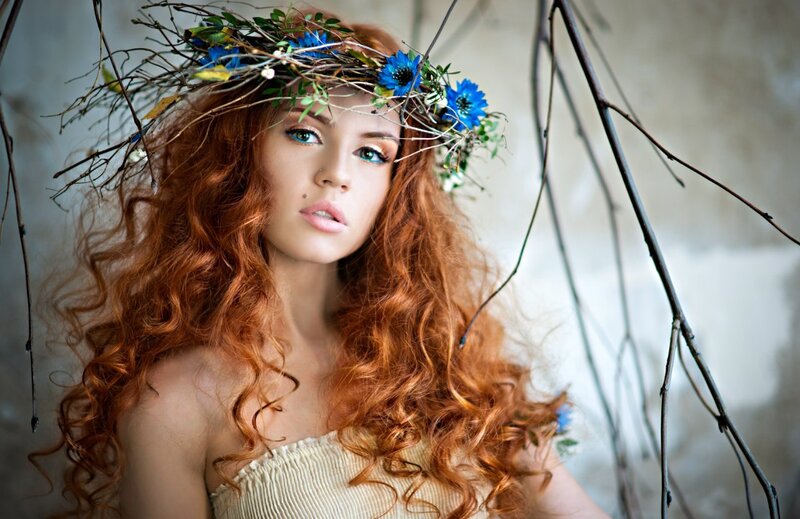 Woman with Red Hair — Dramatic, Photograph, Flower Crown, Branches