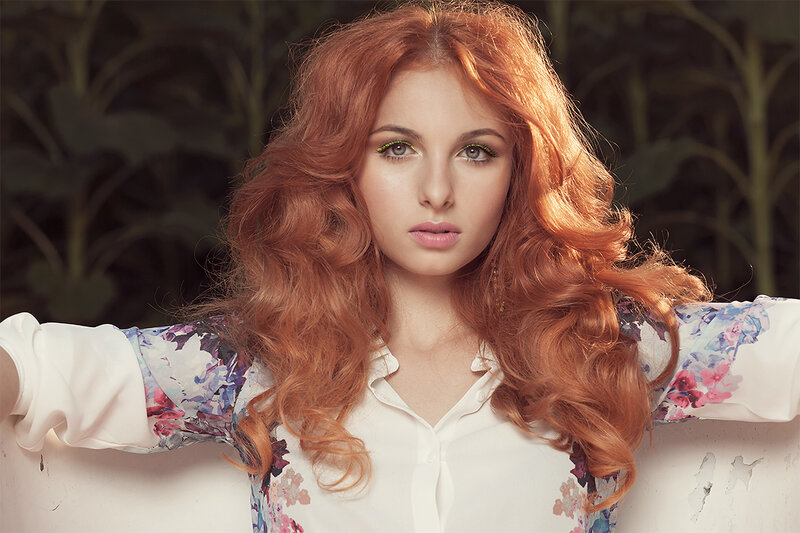 Woman with Red Hair — Dramatic, Photograph, Flower Pattern