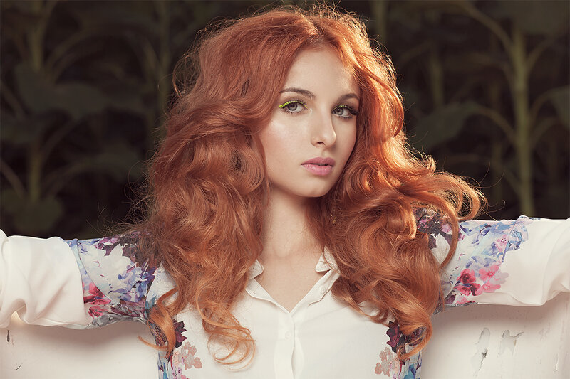 Woman with Red Hair — Dramatic, Photograph, Flowered Shirt