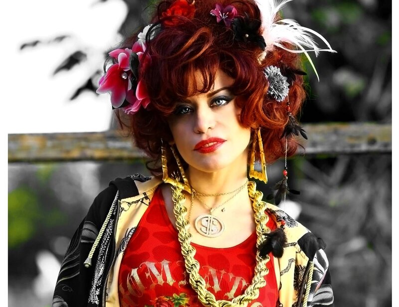Woman with Red Hair — Dramatic, Photograph, Flowers, Feathers