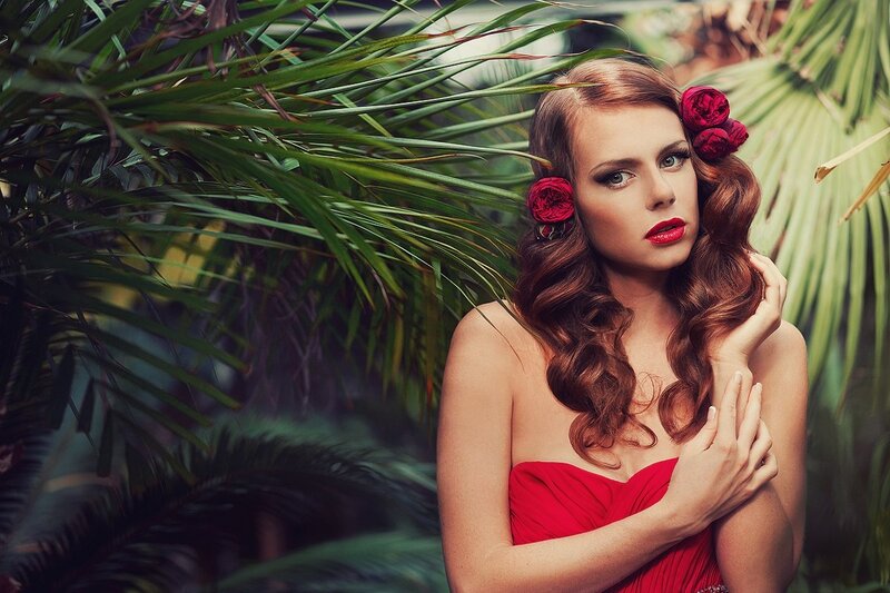 Woman with Red Hair — Dramatic, Photograph, Flowers, Plants