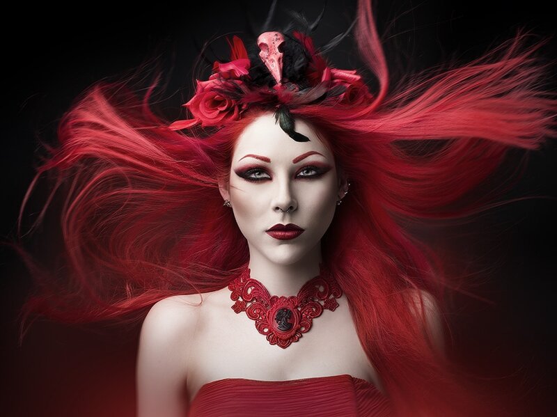 Woman with Red Hair — Dramatic, Photograph, Flowers, Skull