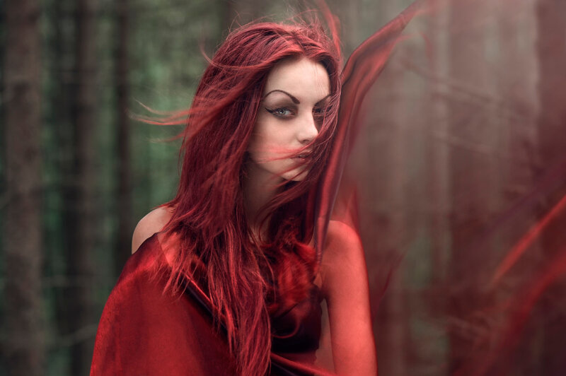 Woman with Red Hair — Dramatic, Photograph, Forest