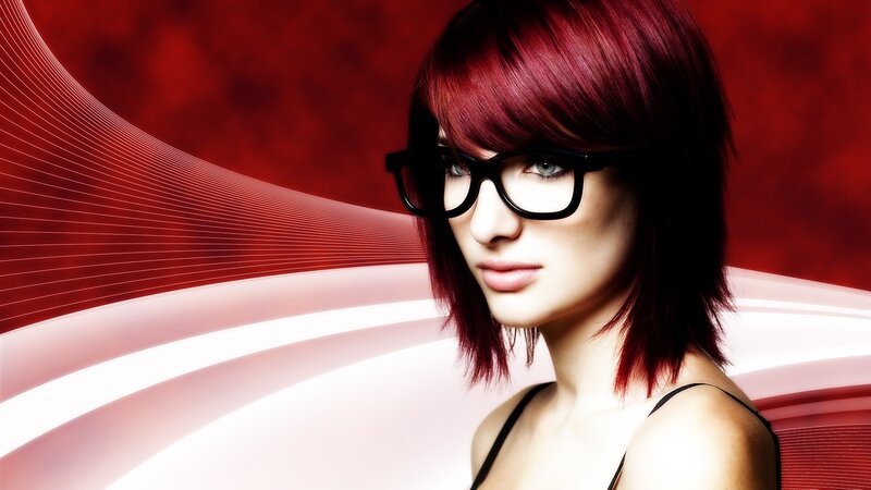 Woman with Red Hair — Dramatic, Photograph, Glasses, Red Background