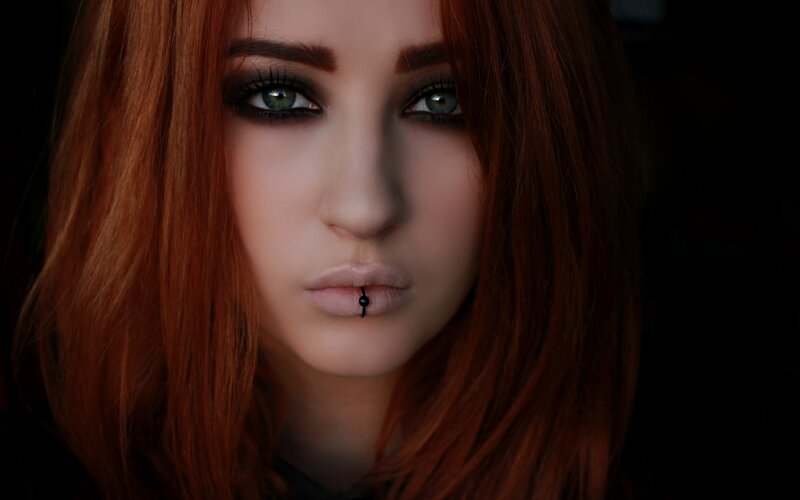 Woman with Red Hair — Dramatic, Photograph, Green Eyes, Lip Piercing, Dark Makeup