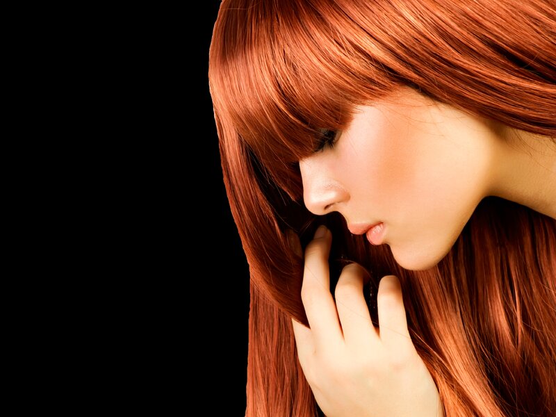 Woman with Red Hair — Dramatic, Photograph, Hand, Black Background