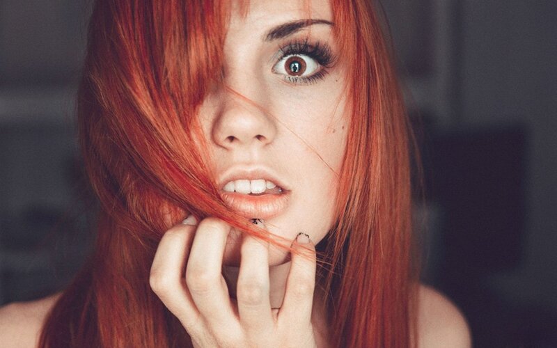 Woman with Red Hair — Dramatic, Photograph, Hand, Eye, Brown