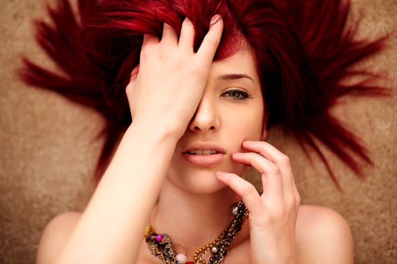Woman with Red Hair — Dramatic, Photograph, Hand, Necklace