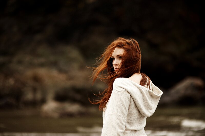 Woman with Red Hair — Dramatic, Photograph, Hoodie, Water, White
