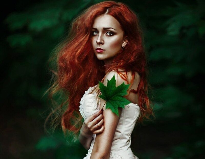 Woman with Red Hair — Dramatic, Photograph, Leaf, Dress