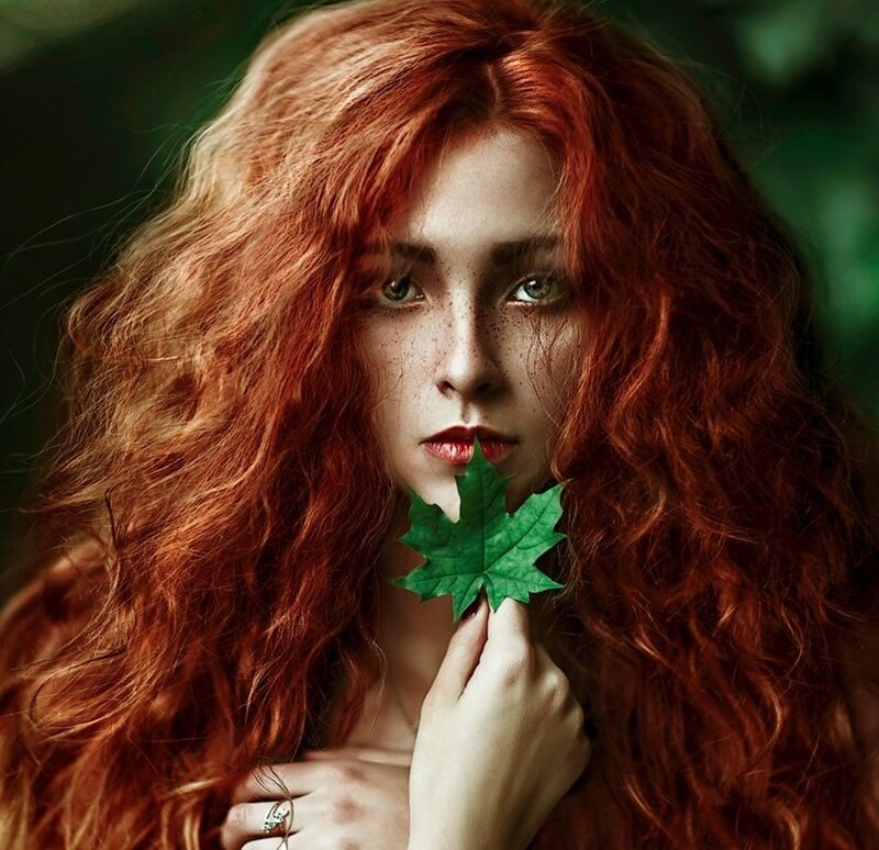 Woman with Red Hair — Dramatic, Photograph, Leaf