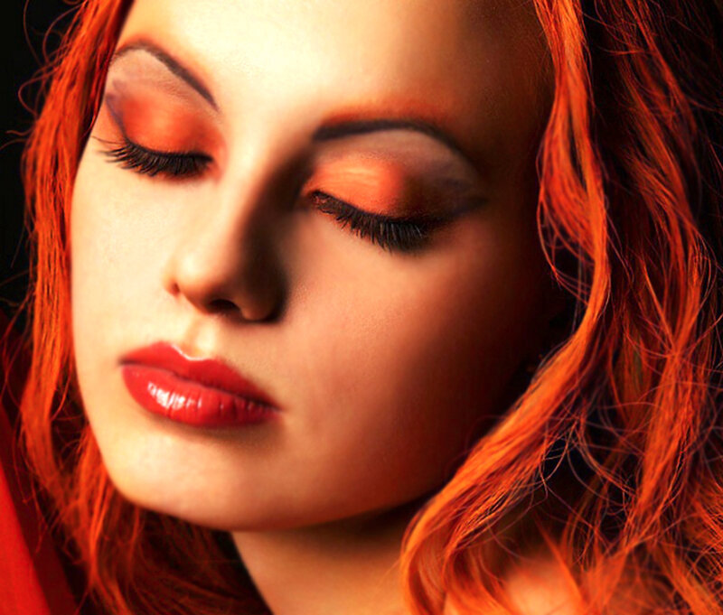 Woman with Red Hair — Dramatic, Photograph, Makeup, Closed Eyes