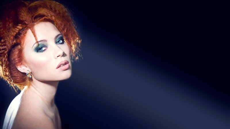 Woman with Red Hair — Dramatic, Photograph, Makeup, Earring, Dark Background
