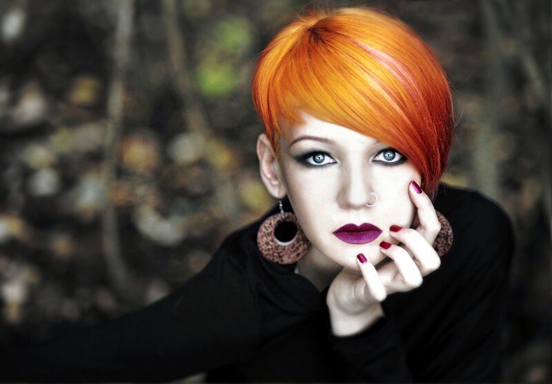 Woman with Red Hair — Dramatic, Photograph, Makeup, Earrings, Nose Ring