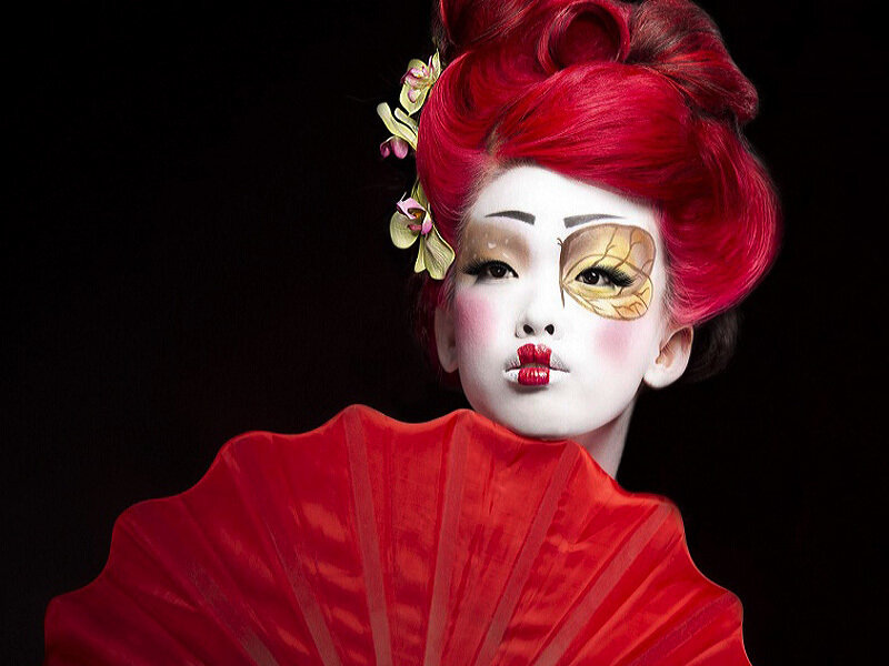 Woman with Red Hair — Dramatic, Photograph, Makeup, Fan
