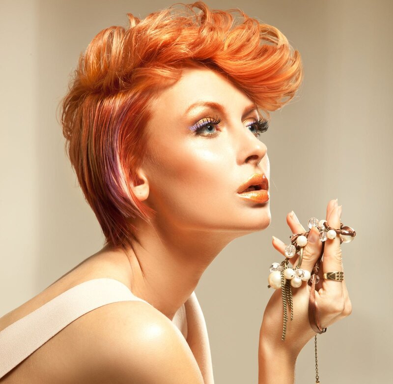 Woman with Red Hair — Dramatic, Photograph, Makeup, Jewelry, Short Hair