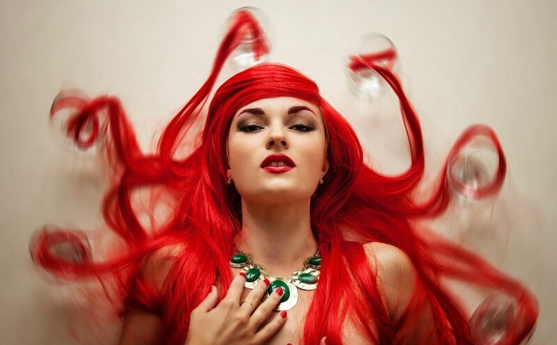 Woman with Red Hair — Dramatic, Photograph, Necklace, Red Lipstick